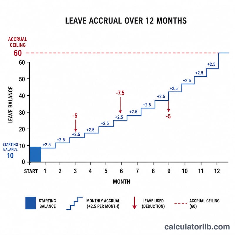 Staircase timeline of monthly leave accrual rising to a 60-day cap