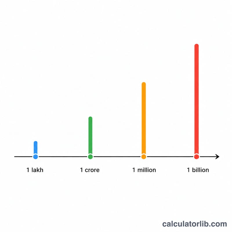 Number scale comparing lakh, crore, million and billion by number of zeros