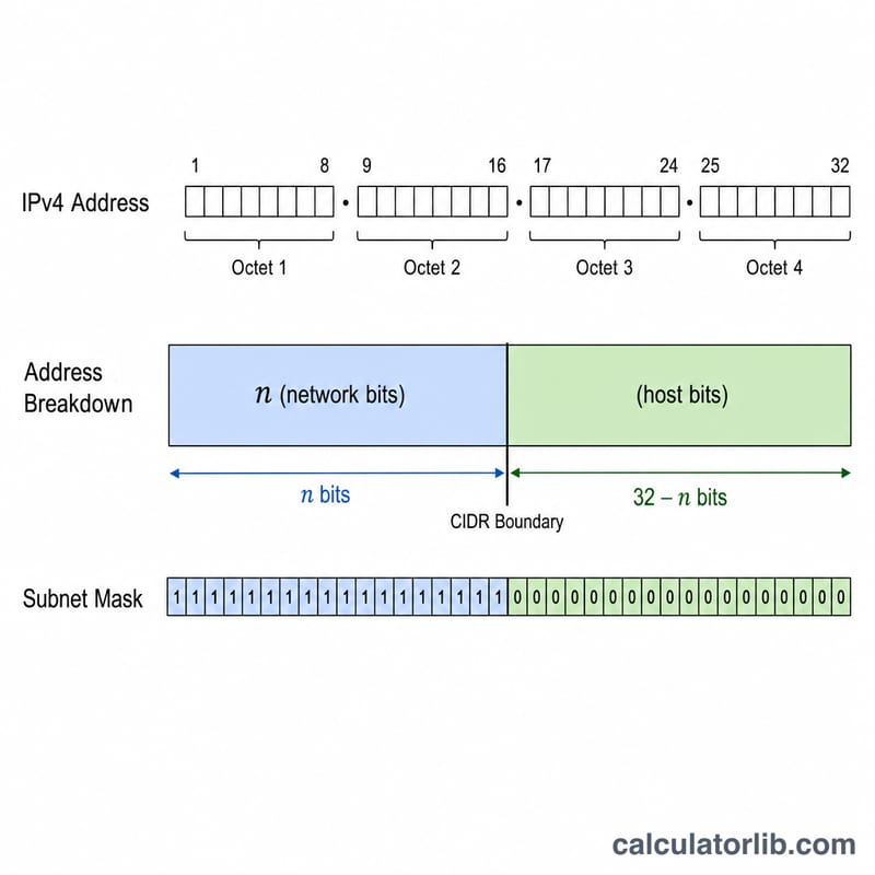 Diagram of a 32-bit IPv4 address divided into network bits and host bits at the CIDR boundary