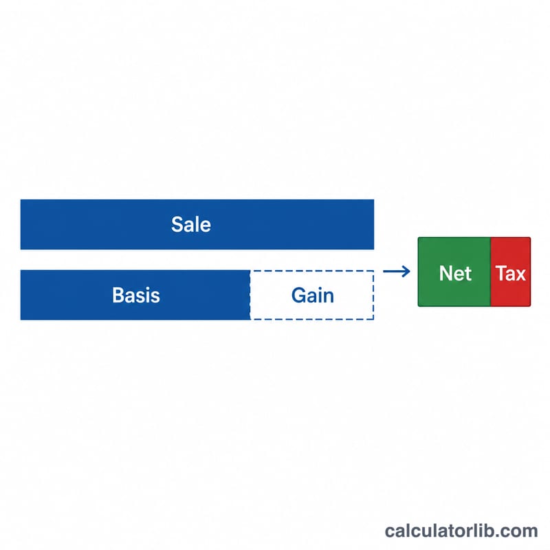 Diagram showing sale price minus basis equals gain, split into tax and net proceeds