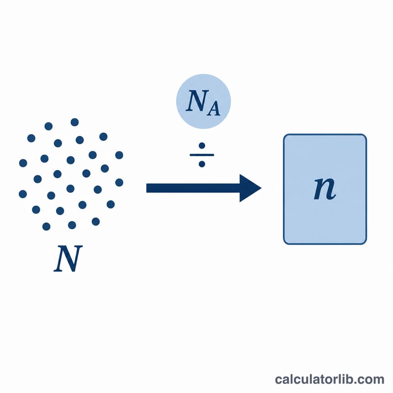 Diagram showing particles N divided by Avogadro's number N_A converting to moles n