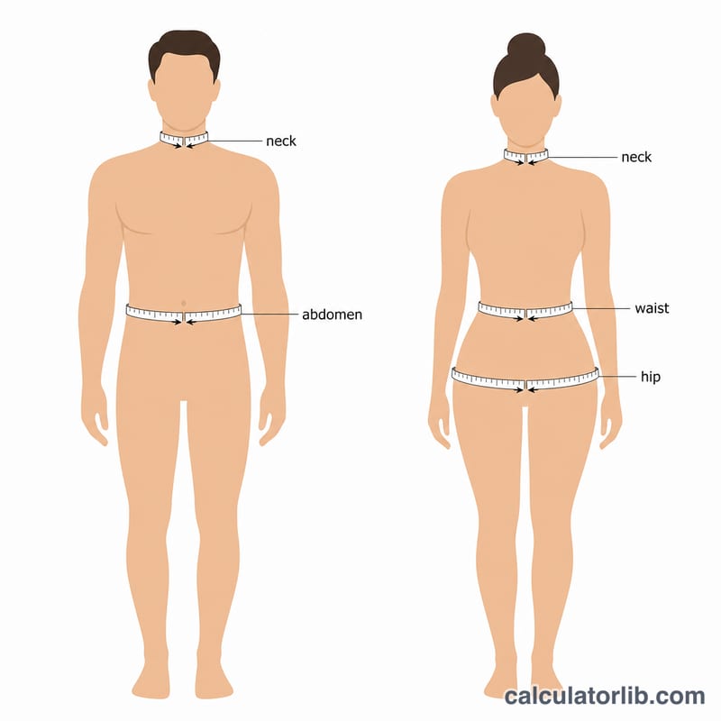 Diagram of a male figure showing neck and abdomen tape measurement sites and a female figure showing neck, waist and hip measurement sites