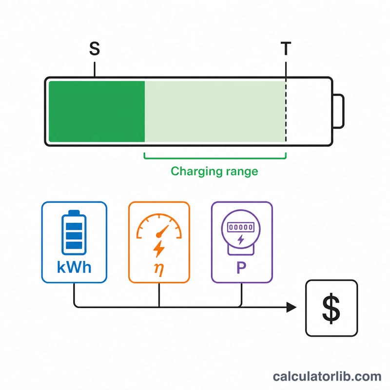 Diagram showing battery state of charge from start to target with electricity price and efficiency feeding into a cost result