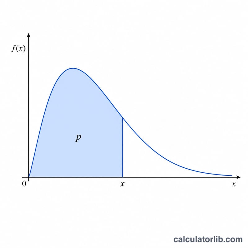 Courbe de densité du khi-deux avec l'aire de la queue inférieure p ombrée et le point quantile x