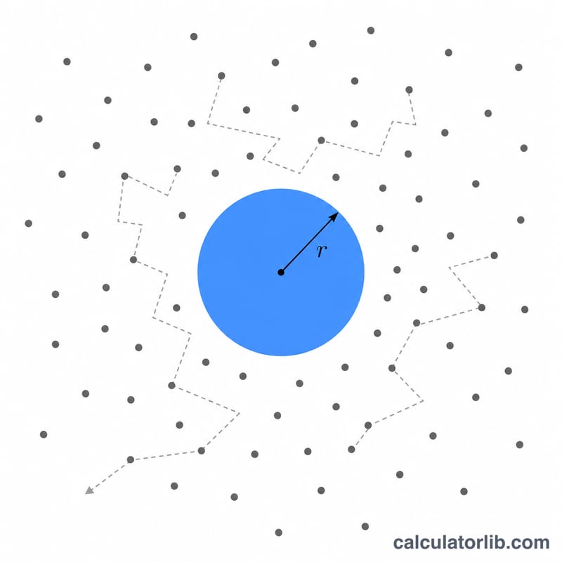 Spherical particle of radius r suspended in fluid, surrounded by smaller fluid molecules colliding with it and causing random diffusive motion