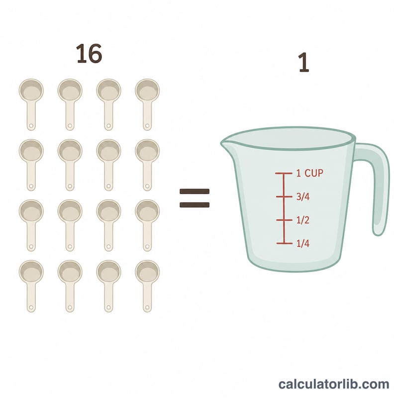 Sixteen tablespoons equal one cup shown as a grid of spoons and one measuring cup