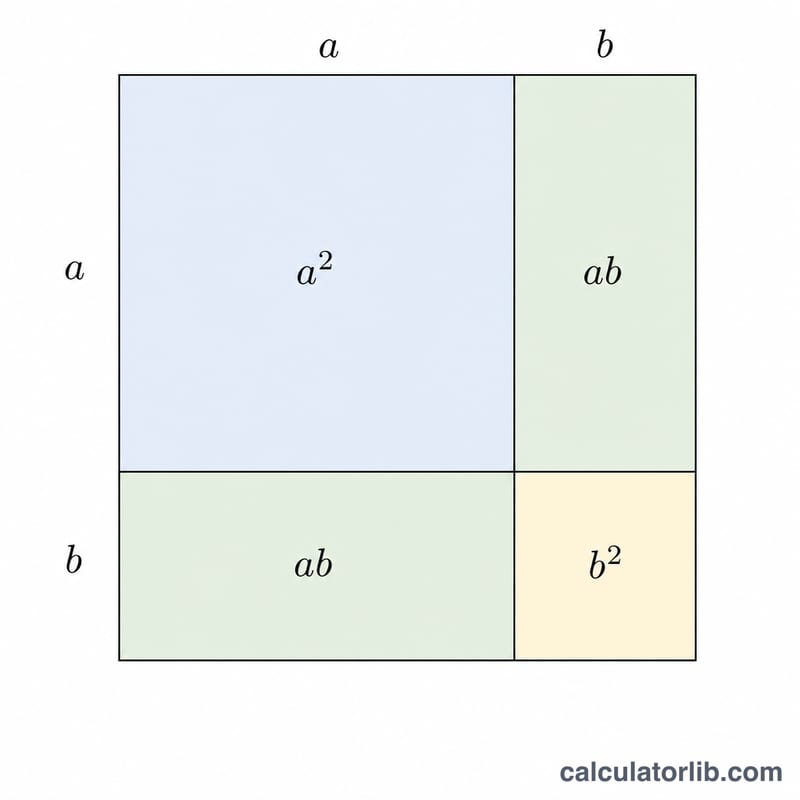 a², 두 ab 직사각형, b²를 나타내는 네 영역으로 나뉜 정사각형