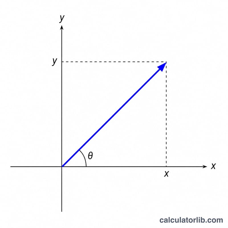 2D vector with x and y components and direction angle theta from positive x-axis