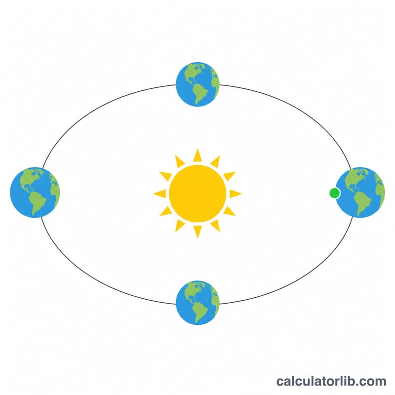 Circular diagram of Earth's orbit around the sun showing the four seasonal points with the spring equinox highlighted