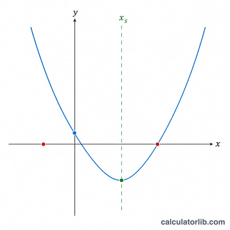 Parabola showing vertex, axis of symmetry, two roots, and y-intercept