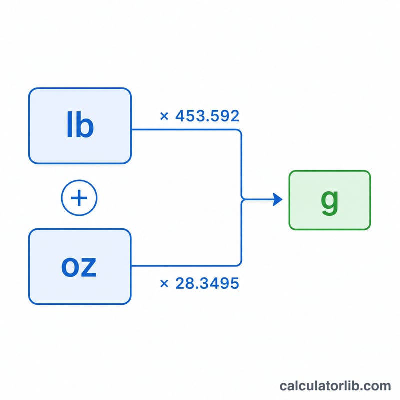Diagram converting pounds and ounces into grams with conversion factors