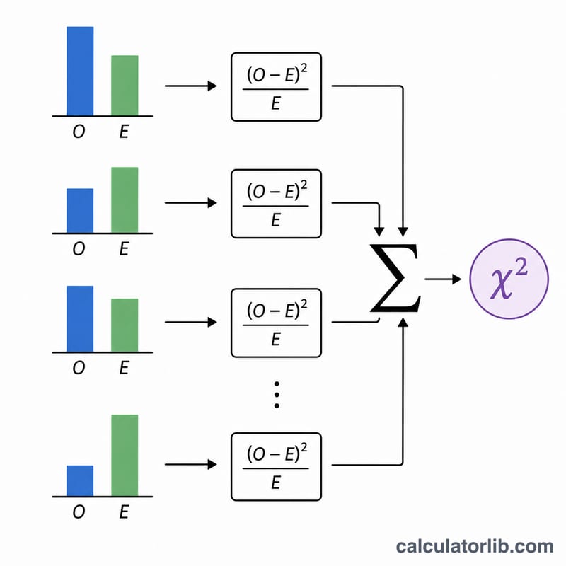 Diagram of the chi-square formula breaking down observed minus expected, squared, divided by expected, summed across categories