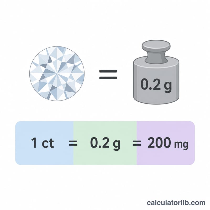 Schéma montrant que 1 carat équivaut à 0,2 gramme, soit 200 milligrammes