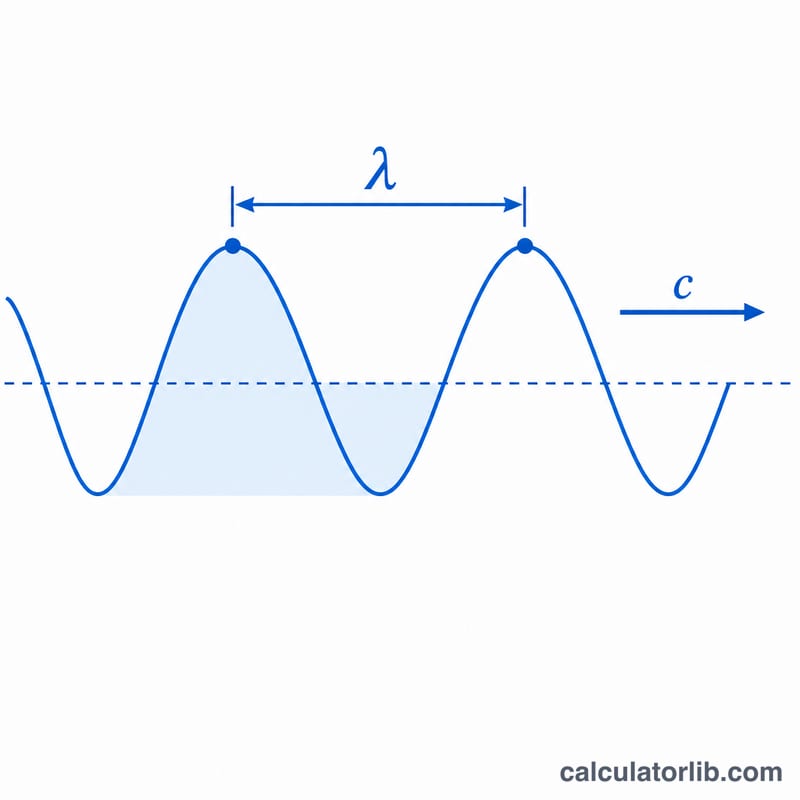 Sine wave showing wavelength lambda measured between two peaks, moving at speed c