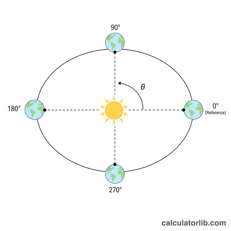 太陽を公転する地球と黄経の角度を示す図