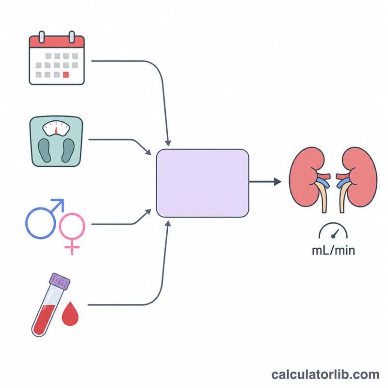 Diagram of the Cockcroft-Gault equation showing inputs feeding into creatinine clearance