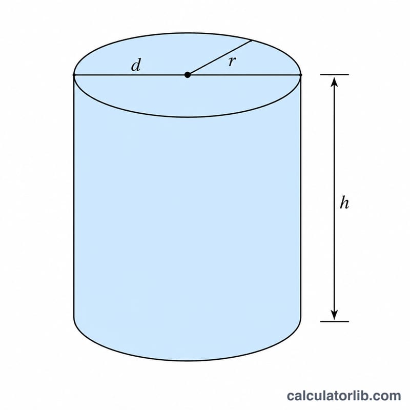 Cylinder with radius and diameter marked across the circular top face