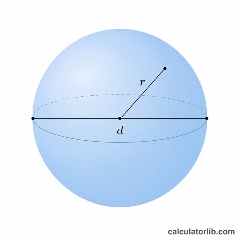Sphere diagram showing radius, diameter, surface area and volume