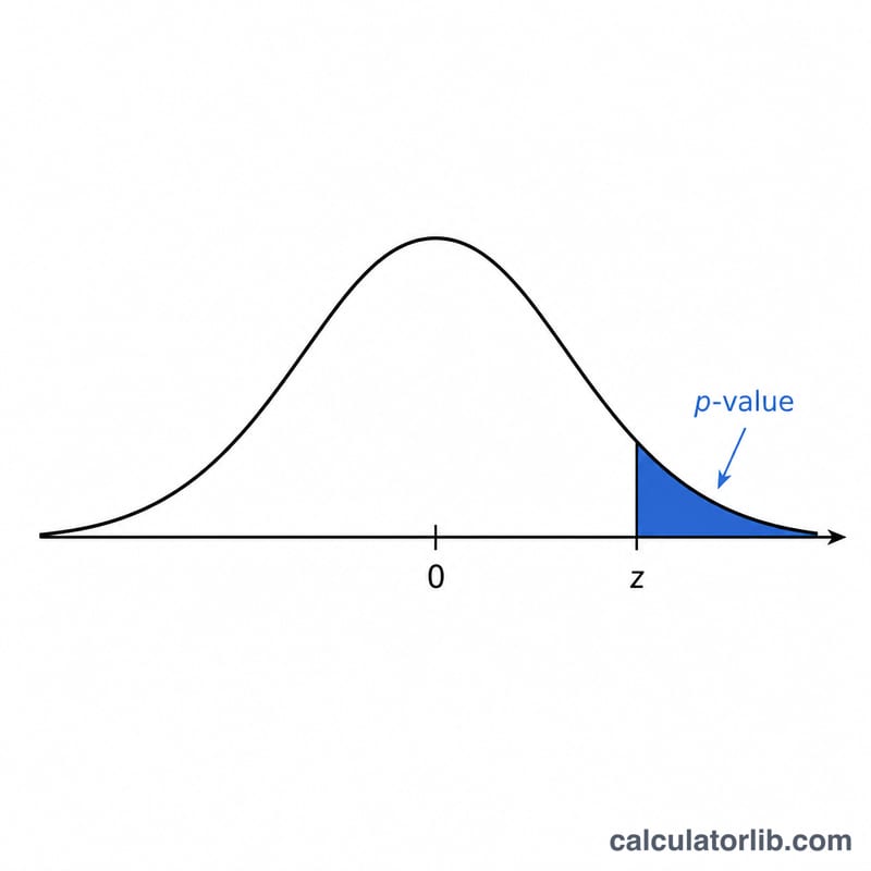 Normal curve with a z statistic line and shaded tail area representing the p-value