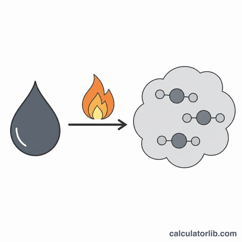 Diagram of liquid fuel burning and converting into CO2 gas molecules
