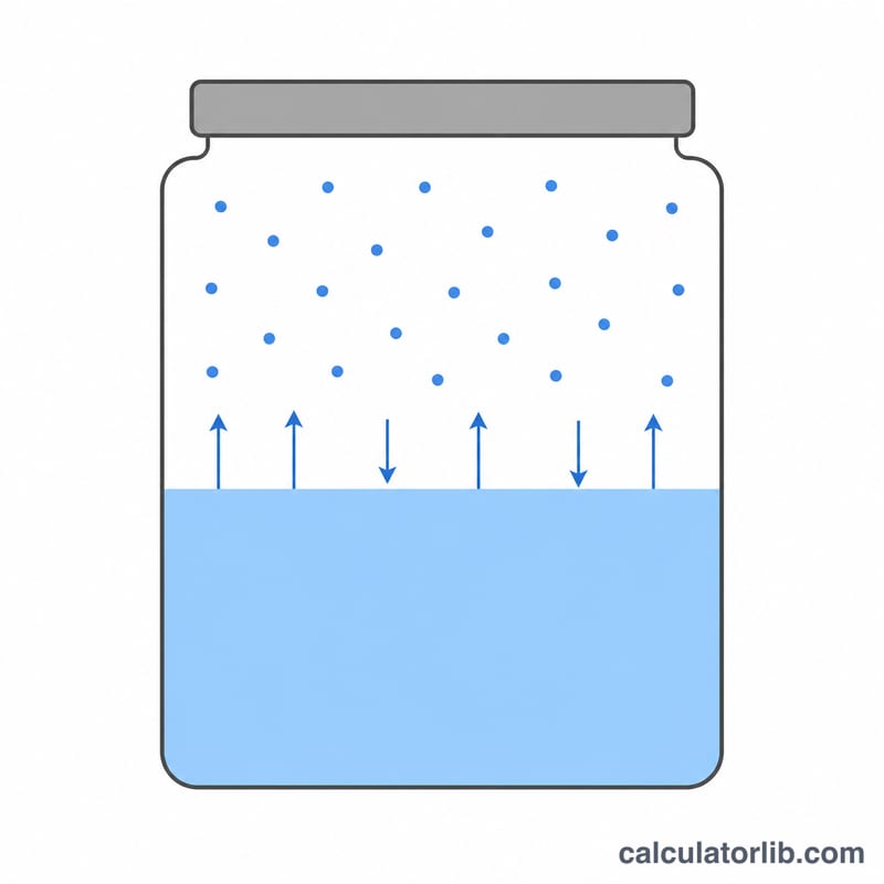 Vapor-liquid equilibrium in a sealed container showing molecules escaping the liquid surface