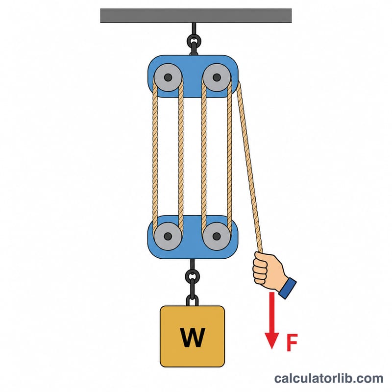 Block and tackle pulley system with rope segments supporting a load