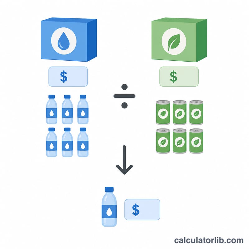 Two grocery price comparison showing total price divided by quantity to get price per unit