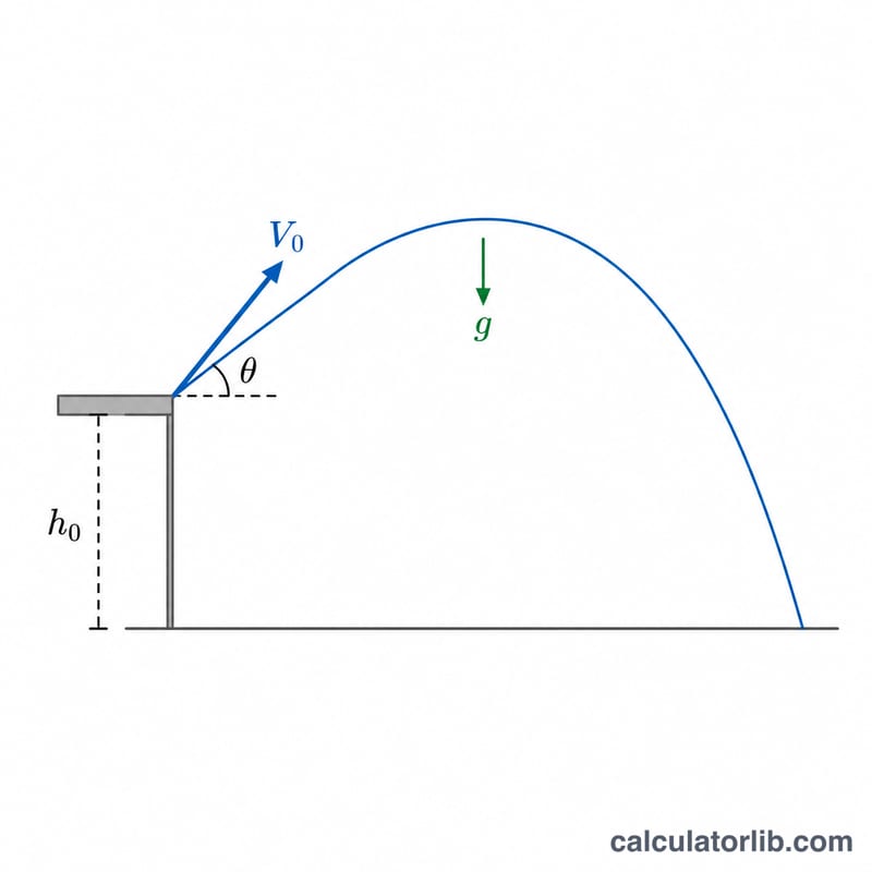 Projectile launched from a platform of height h0 at angle theta, showing curved trajectory to landing plane