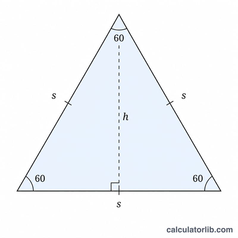 Triangle équilatéral aux côtés égaux, angles de 60 degrés et ligne de hauteur