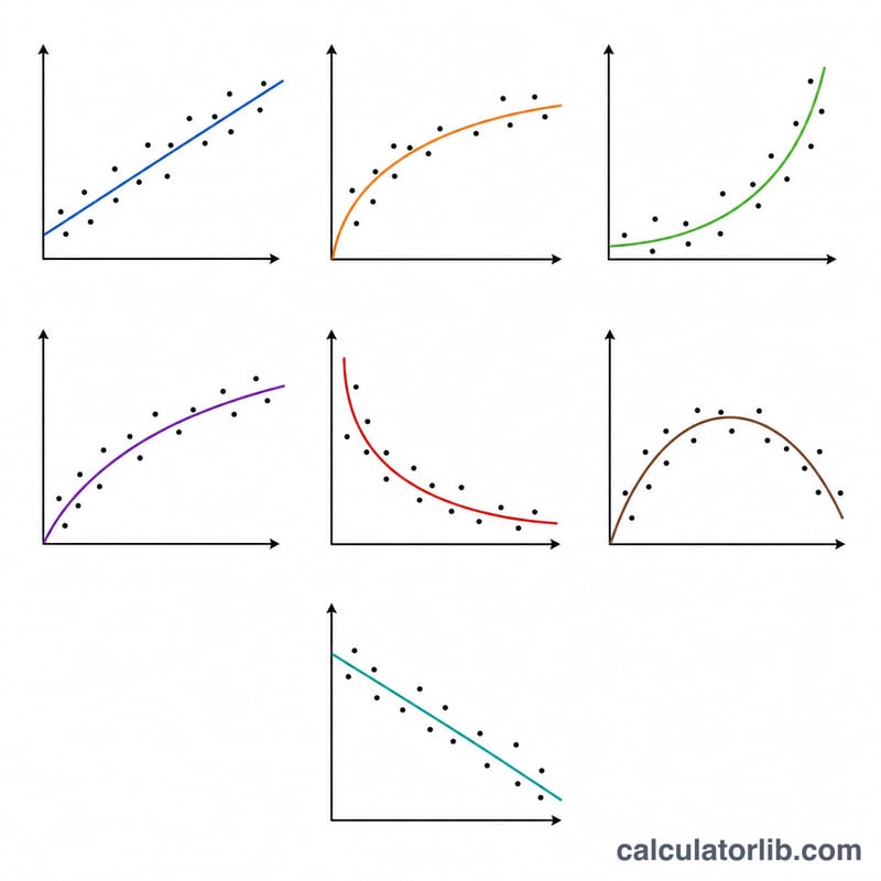 Seven small scatter plots each fitted with a different regression curve shape