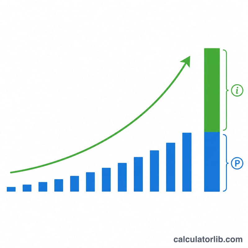 Stacked bars showing monthly SIP contributions growing into a larger maturity value split into invested amount and gains