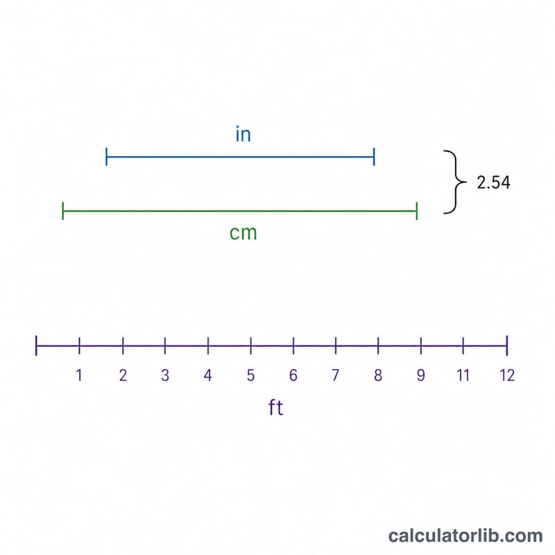 Diagram showing one inch equal to 2.54 centimeters and one foot equal to 12 inches or 30.48 centimeters