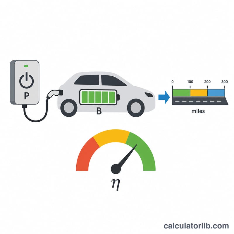 Diagram of charger power, efficiency, battery size and range producing miles added per hour