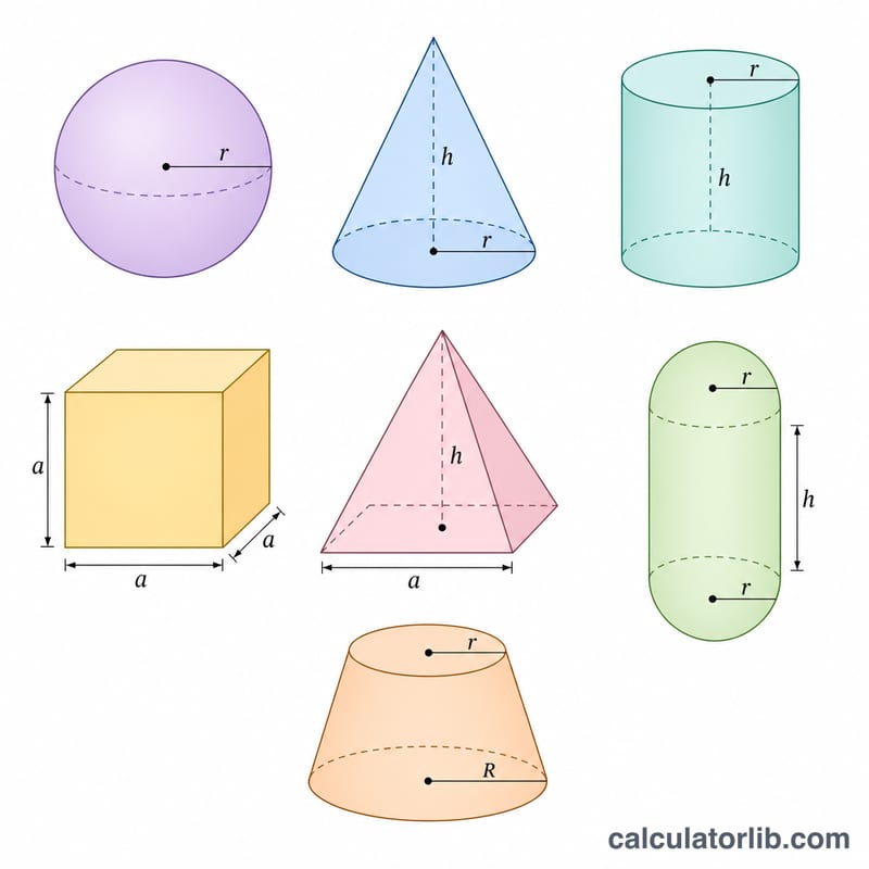 Set of common geometric solids with labeled dimensions