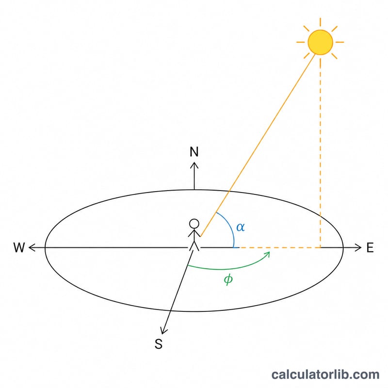 Diagram showing the Sun's position defined by elevation angle above the horizon and azimuth angle measured around from north.