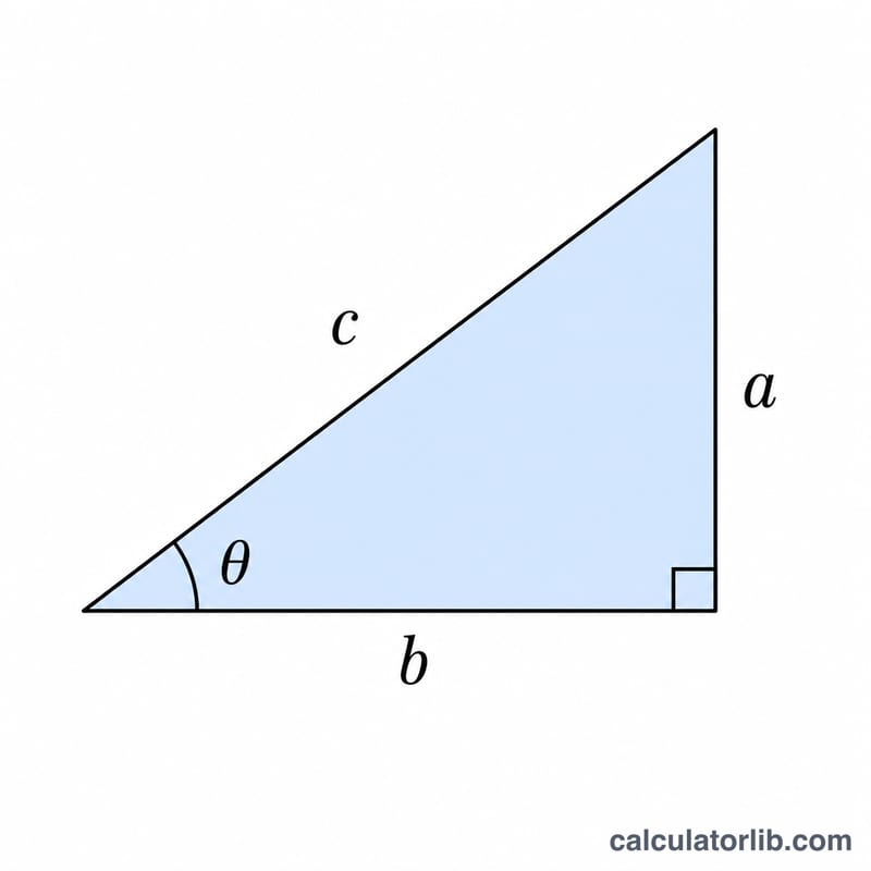 Right triangle with legs a and b, hypotenuse c, and angle theta at one vertex