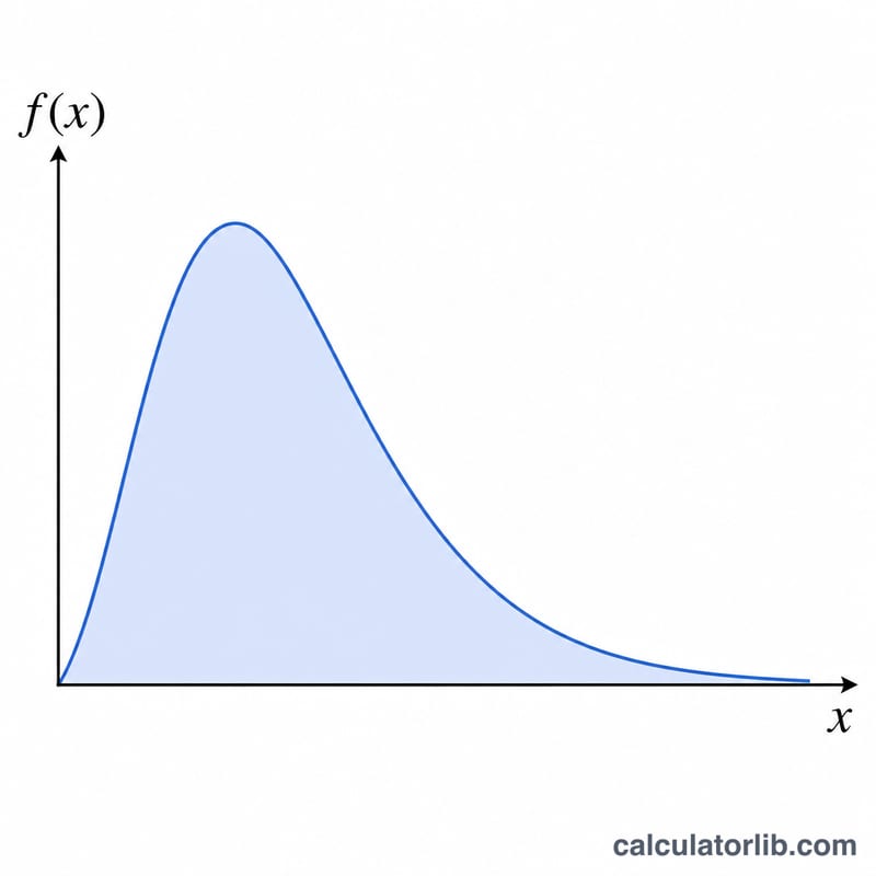 Skewed bell-shaped probability density curve with a long right tail