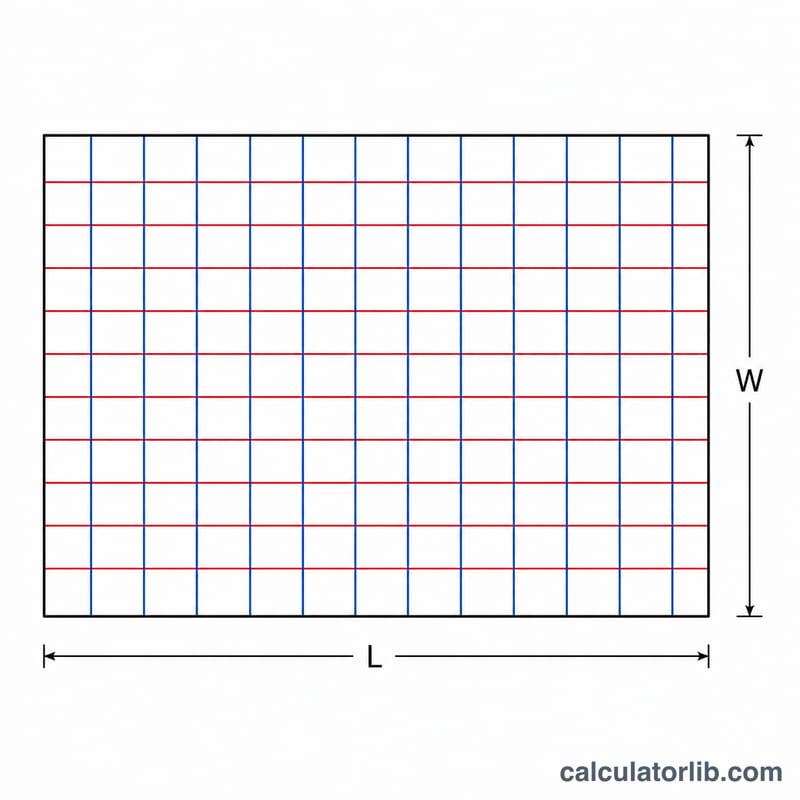 Top-down view of a rectangular slab with a grid of rebar running in two directions