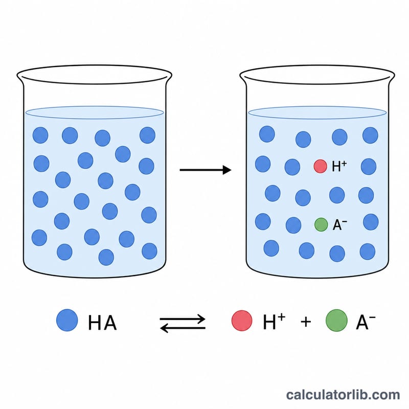Diagram showing a weak acid molecule partially splitting into hydrogen ion and conjugate base in solution