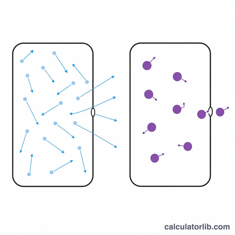 Two gas containers each with a tiny pinhole, light fast molecules escaping quickly versus heavy slow molecules escaping slowly