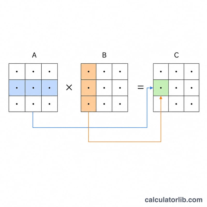 Diagram showing a row of matrix A and a column of matrix B combining into one entry of matrix C
