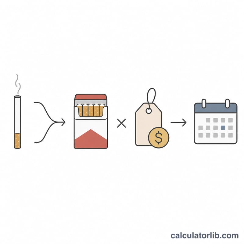 Diagram showing cigarettes per day divided by cigarettes per pack times price per pack equals daily cost