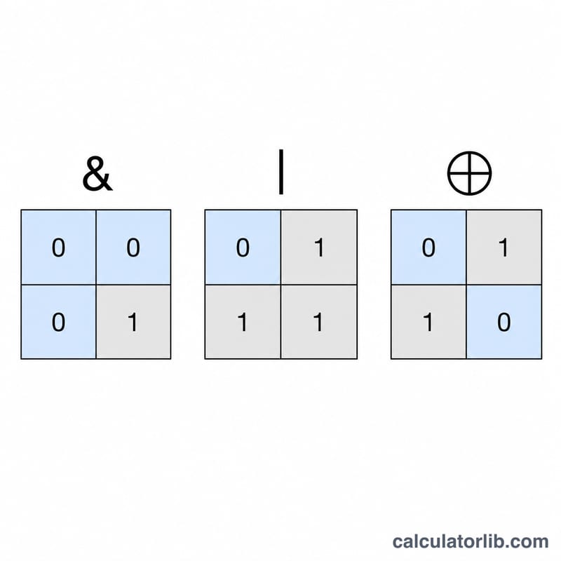 Bit düzeyinde AND, OR ve XOR doğruluk tabloları 2x2 bit ızgaraları olarak gösterilir