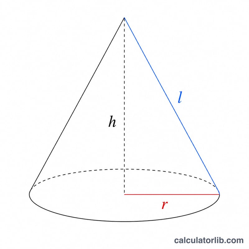 Cross-section of a cone showing radius r, vertical height h, and slant height l forming a right triangle