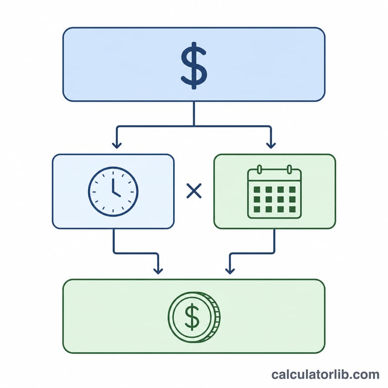 Diagram showing annual salary divided by hours per week times weeks per year equals hourly wage