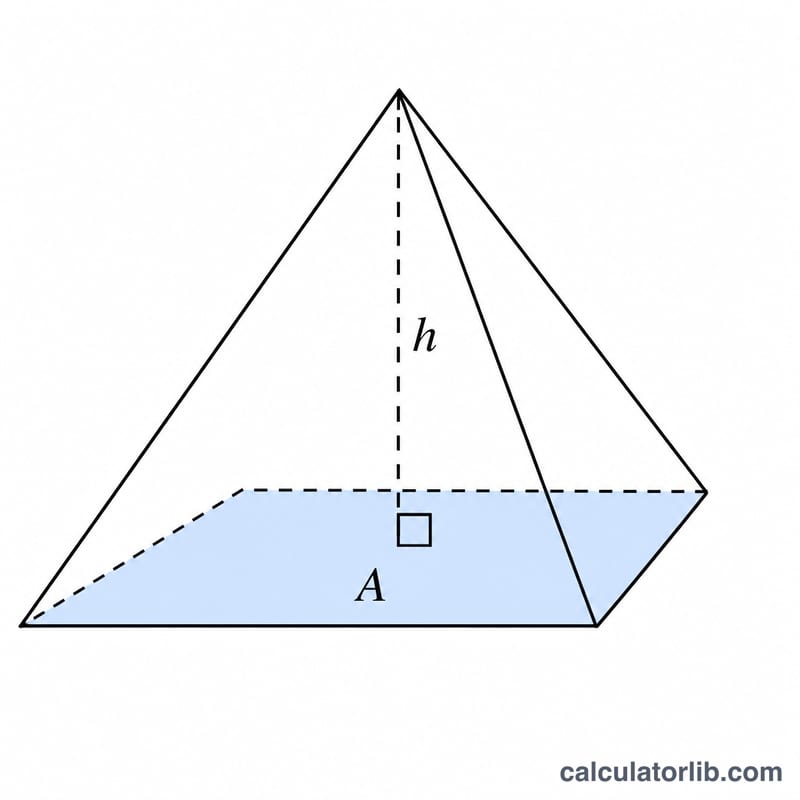 Pyramid with shaded base area A and vertical height h marked