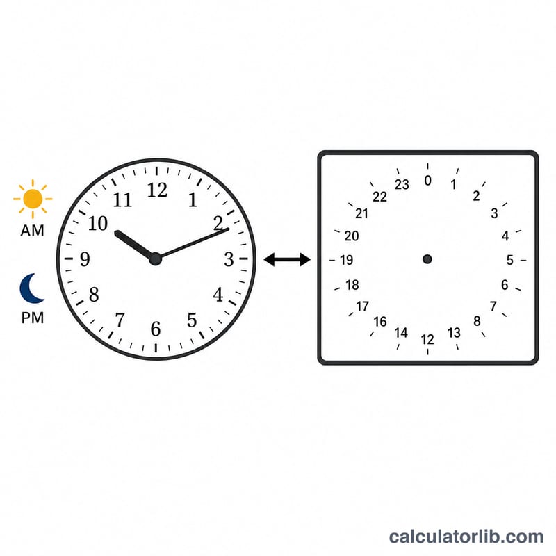 Analog 12-hour clock with AM/PM icons linked by an arrow to a 24-hour clock dial