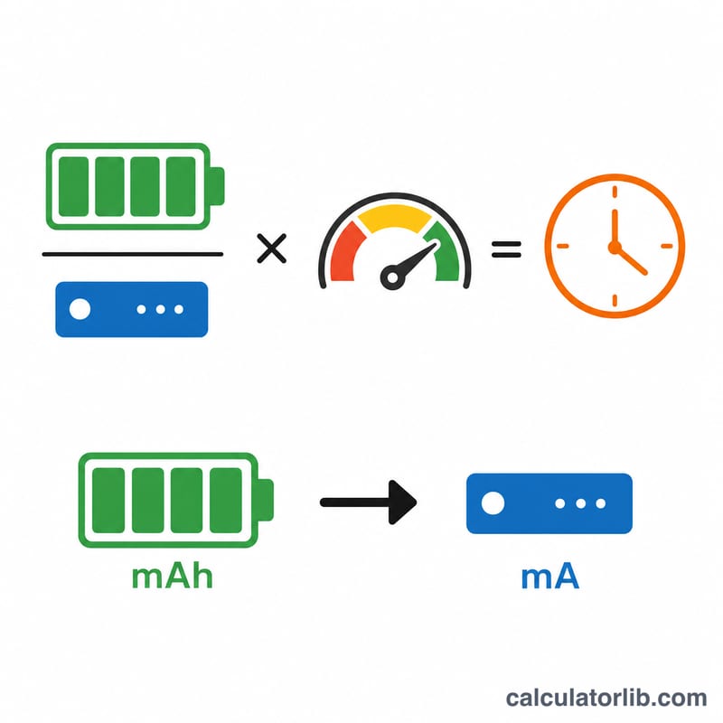 Flat diagram showing a battery feeding current to a device, with capacity divided by load times efficiency equaling runtime