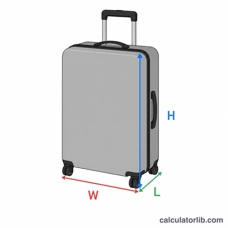 Suitcase with length, width and height edges labeled L, W, H
