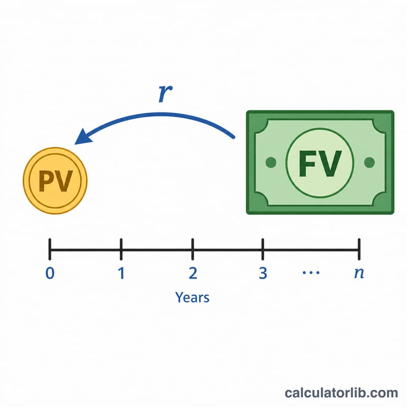 Diagram showing a future dollar amount being discounted back to a smaller present value